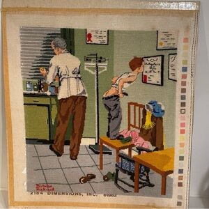 Vintage Norman Rockwell Needlepoint Large Wall Art Doctor Office 70s 18”x20”